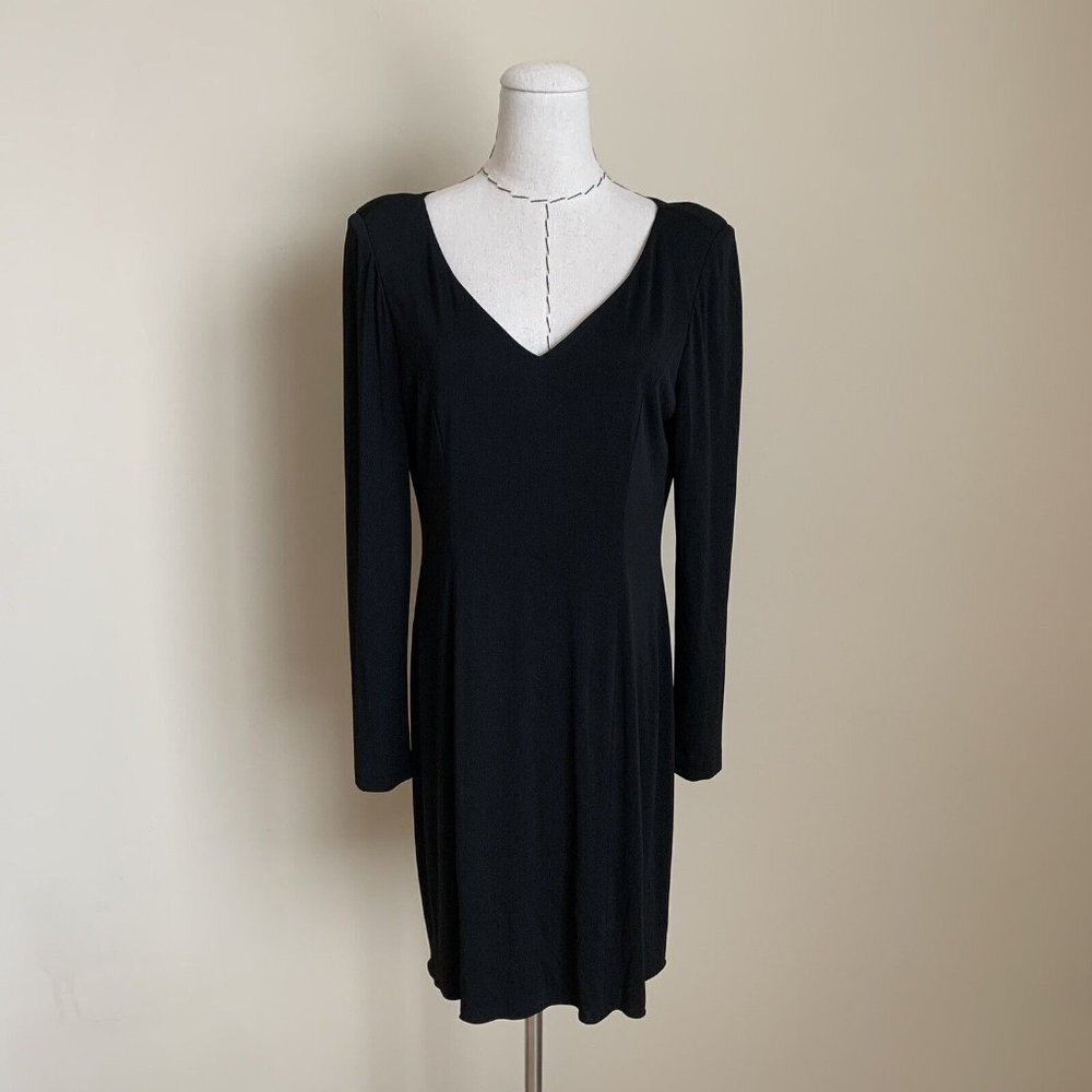 Vintage HOLLY HARP Black Long Sleeve V-Neck Jersey Dress sz Medium Hollys